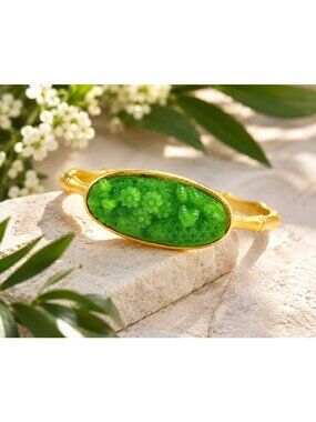 David Aubrey Green Floral Carved Resin Bamboo Bangle Bracelet Gold Tone Sz M